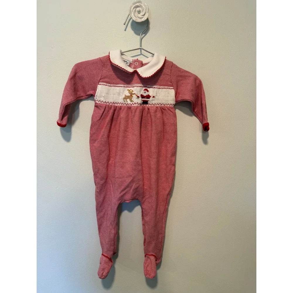 Magnolia Baby Christmas Smocked Santa Reindeer Pima Cotton Stripe Footie 9M